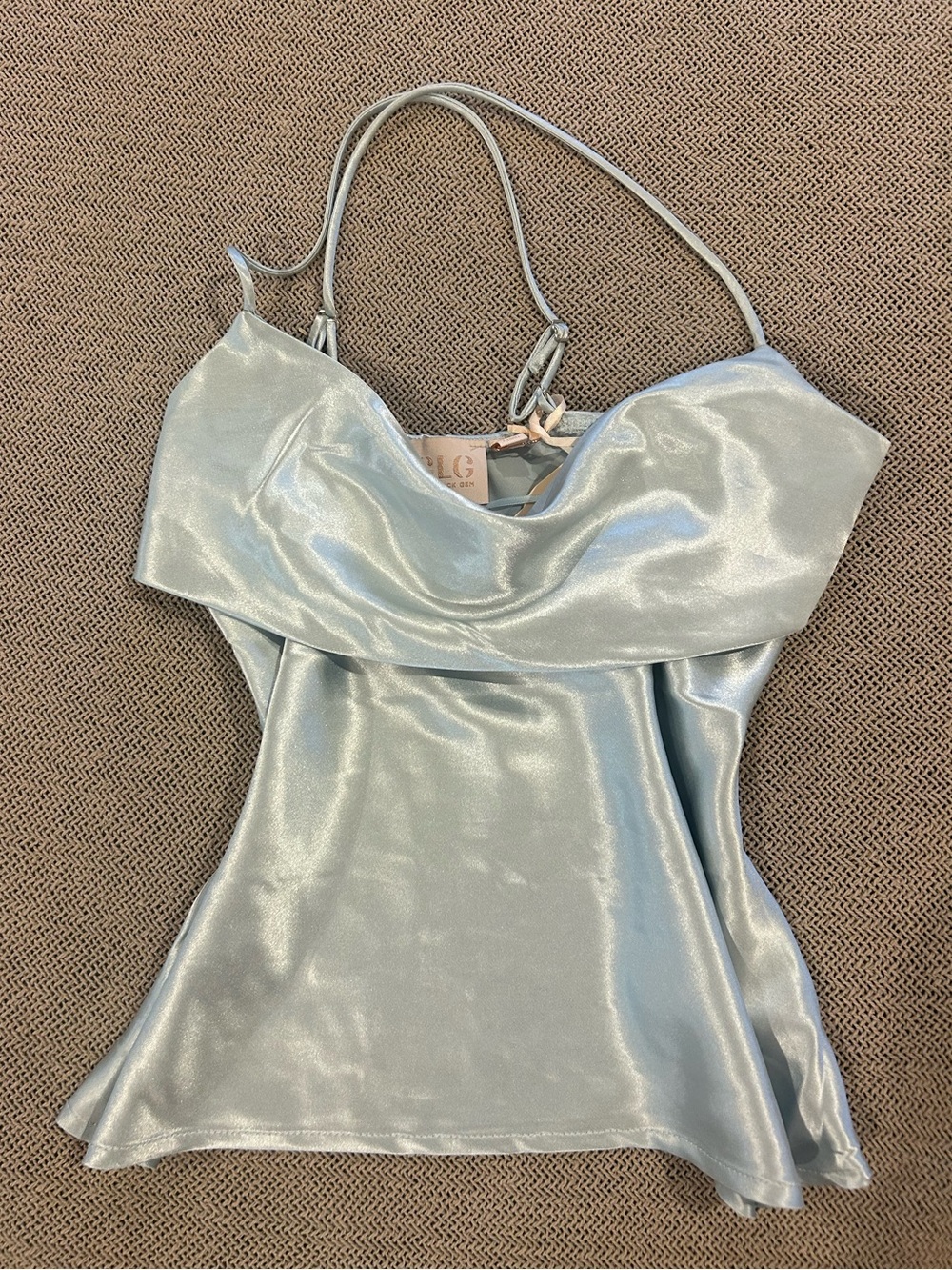 Good Luck Gem Shimmery Pale Blue Satin Camisole with Cowl Neck